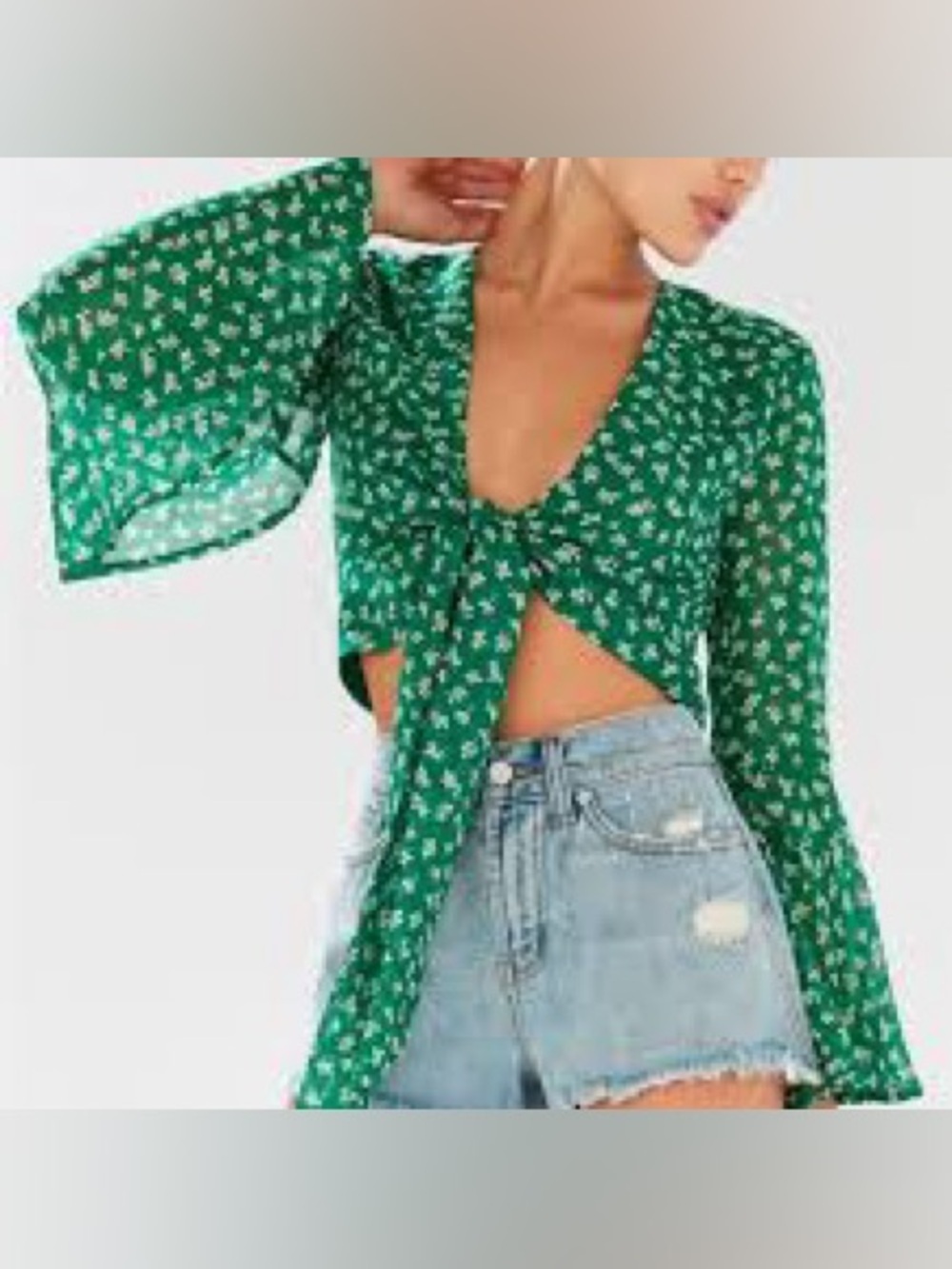 Urban Outfitters - Floral Green Bell Long Sleeve Tie Front Crop Blouse Size Med